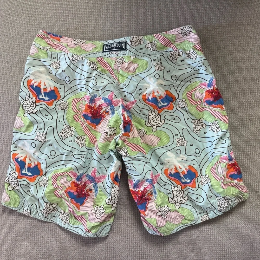 Vilebrequin Men's Swim Shorts in Green, Light Blue, Pink & Orange Floral Print M